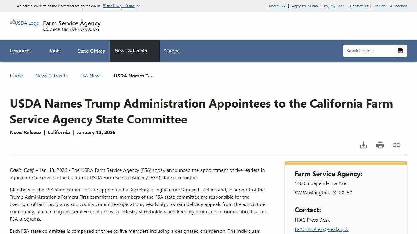 USDA Names Trump Administration Appointees to the California Farm Service Agency State Committee | Farm Service Agency